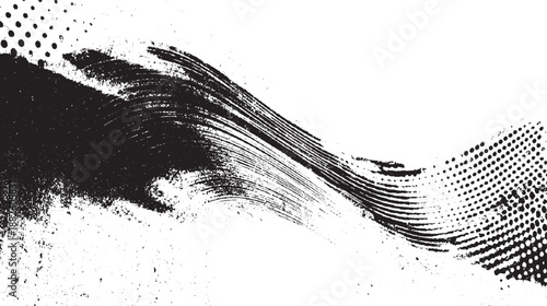 Abstract monochrome wave pattern with a flowing brushstroke effect and scattered dots on a white background creating a dynamic and artistic visual
