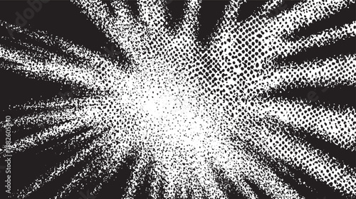 Explosive abstract monochrome background with radiating halftone dots and a central burst of energy creating a dramatic starburst effect with a gritty texture