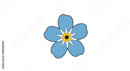 A simple and delicate illustration of a blue forget-me-not flower with five petals and a yellow and white center, on a white background.