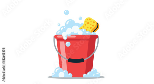 A bright red bucket filled to the brim with soapy water, bubbles, and a yellow sponge, ready for a cleaning session.