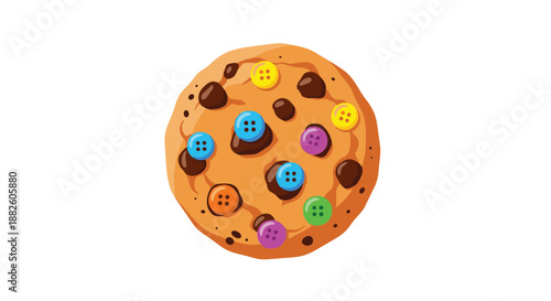 A whimsical chocolate chip cookie decorated with colorful, button-shaped candies, creating a fun and playful sweet treat design.