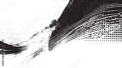 Abstract black and white textured background with dynamic brush strokes and halftone dot patterns creating a sense of movement and depth