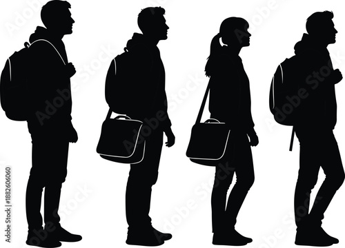 Side view silhouettes of young men and women carrying backpacks and laptop bags, representing students, urban commuters, and travelers walking.