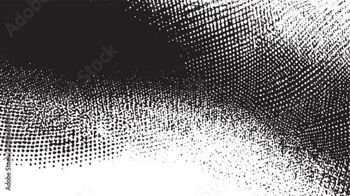 Abstract black and white halftone dot pattern with gradient transition and textured grunge effect creating a dynamic visual background