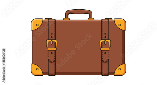 Classic vintage-style brown suitcase with leather straps, buckle closures, and reinforced gold corners, ready for travel and adventure.