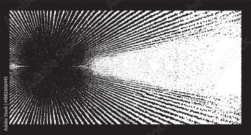 Black and white abstract background with a strong radial burst of lines and scattered dots emanating from a dark central area with a distressed grunge texture