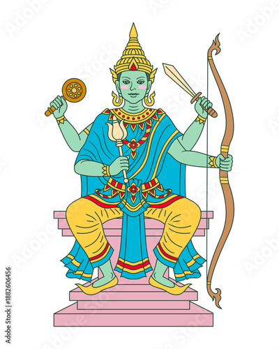 Lord Indra, Green deity statue seated on decorative throne holding mace, lotus scepter, sword and bow, wearing traditional crown and flowing robe with serene expression and ornate jewelry