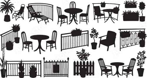 Outdoor furniture and plants in a garden setting illustration