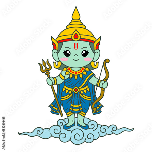 Lord Indra, Young green skinned deity child standing on cloud with trident bow crown and blue robe, playful divine expression evoking mythic charm and serenity