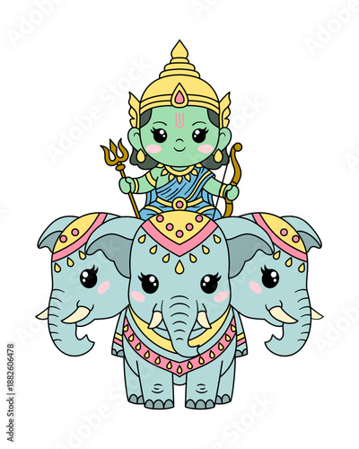 Lord Indra, Cute green deity sitting on three decorated elephant facing forward with joyful expression and colorful ornamentation, Three-headed Erawan elephant