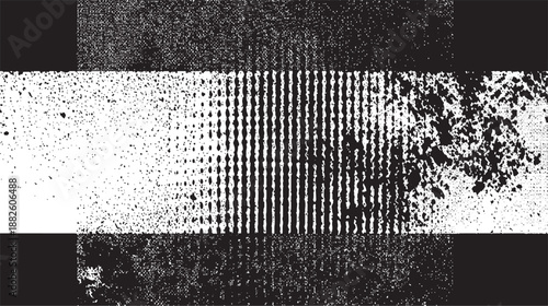 Striking monochrome abstract background featuring horizontal bands of grunge textures, dot patterns, and distressed surfaces