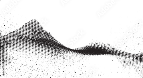 Abstract monochrome wavy form created with halftone dots and scattered speckles on a white background suggesting a landscape or sound wave