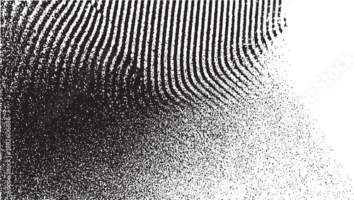 Black and white abstract texture featuring dense vertical lines fading into a speckled granular pattern with a sense of depth and movement