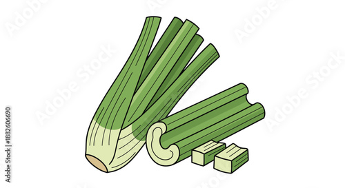 Fresh green celery bunch shown whole, with a cross-section of a stalk, and diced pieces, ready for cooking or as a healthy snack.