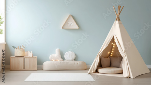 Cozy children playroom with beige teepee tent, soft cushions, wooden furniture, and pastel blue wall creating warm, inviting atmosphere