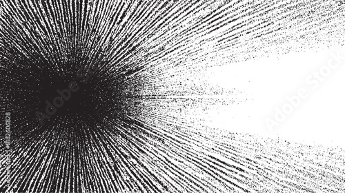 Intense abstract visual with a dense black core and radiating lines and scattered dots creating a powerful sense of explosion and energy on a white backdrop