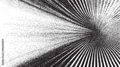 Energetic abstract pattern of black lines and scattered dots radiating outwards from a central point on a white canvas suggesting a powerful outward expansion