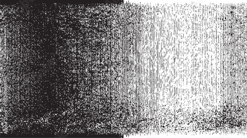 Monochrome abstract background with a gradient of vertical lines transitioning from solid black to white with scattered speckles and textured patterns creating a dynamic visual effect