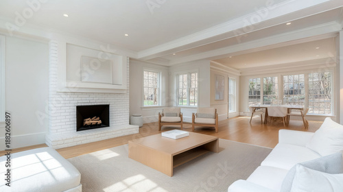 Modern living room with white brick fireplace and wooden furniture bathed in natural light creating calm and inviting atmosphere