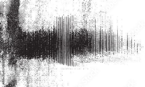 Monochrome abstract background with a central dark band of vertical lines and scattered dots, transitioning to a distressed textured white area on the right