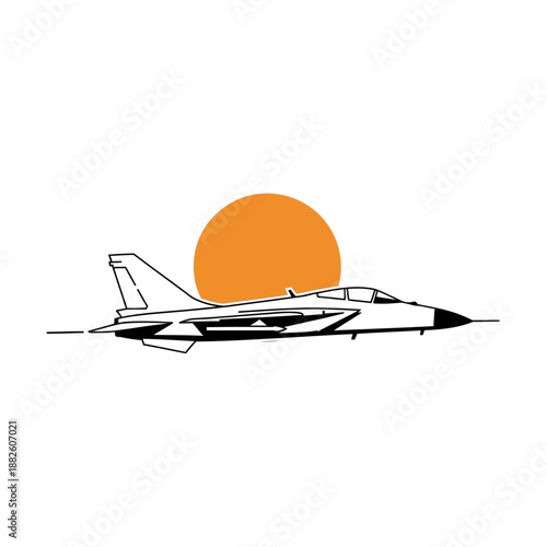 Fighter jet silhouette against orange sun, military aircraft vector, aviation art