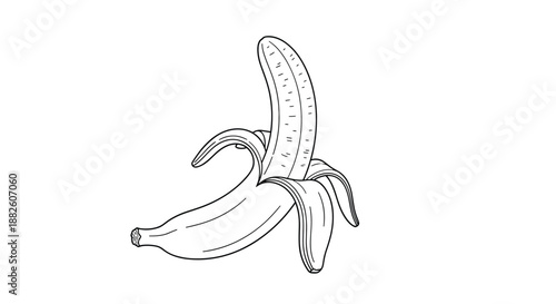Black and white hand-drawn sketch of a single ripe banana partially peeled, revealing the fruit inside, in a clean line art style.