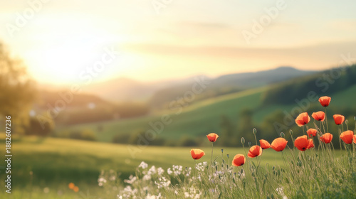Sunset over green hill with red poppy flowers and white wildflowers creating peaceful and warm natural landscape scene