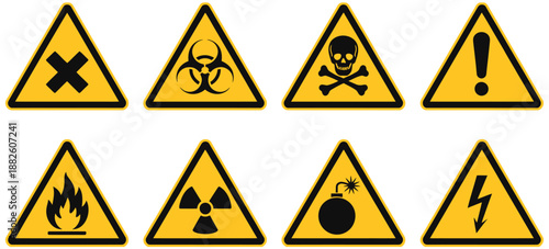 Hazardous Material Alert and Safety Signs Collection, Featuring Black Warning Symbols on Yellow Background, Designed for Industrial Environments, Laboratories, and Hazard Prevention Communication.