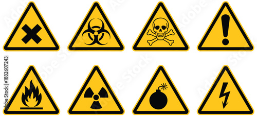 Hazardous Material Safety Warning Signs, Black Symbols on Yellow Background, High Visibility Industrial Risk Icons for Chemical Handling, Workplace Safety, and Regulatory Compliance.