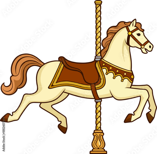 Vintage Carousel Horse Vector Illustration Leaping on Golden Pole with Brown Saddle