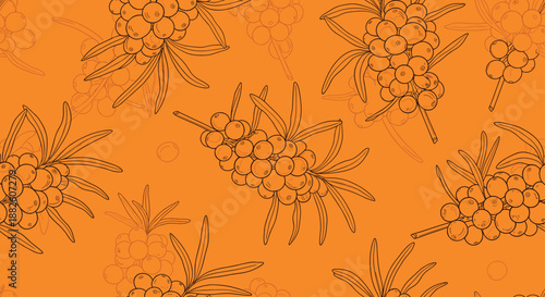 Seamless vector pattern of hand-drawn sea buckthorn branches with orange berries and leaves on a complementary orange background design.