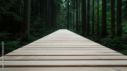 Wooden boardwalk trail leading into deep dark forest with tall trees and lush green foliage creating peaceful natural atmosphere