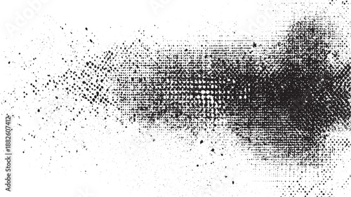 Dynamic abstract grunge texture with scattered black ink splatters and a dense halftone dot pattern fading outwards on a white canvas