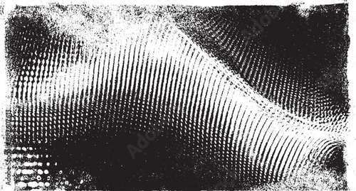 Grungy black and white abstract background with a warped grid pattern and distressed textures creating a futuristic or technological feel