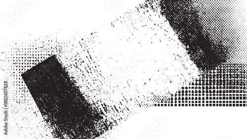 Abstract black and white composition with scattered dots, brush strokes, and geometric halftone squares creating a modern
