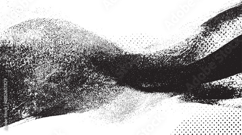 Monochrome abstract background featuring a flowing wave of halftone dots and distressed grunge textures creating a sense of organic movement and visual complexity