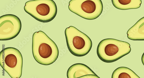 Fun and trendy seamless pattern of halved avocados with seeds on a light green background, perfect for modern food-themed designs.