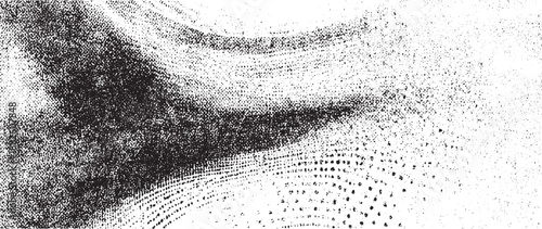Abstract monochrome textured background with a swirling wave of halftone dots and distressed grunge suggesting chaotic energy and intricate detail