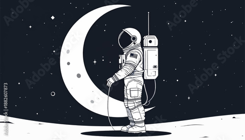 Astronaut Standing on Moon Surface Illustration.