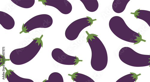 Simple and modern seamless pattern of purple eggplants scattered randomly on a clean white background, ideal for kitchen or food textiles.