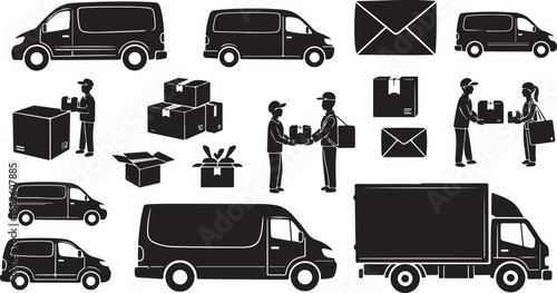 Delivery and shipping icons with vehicles and workers present