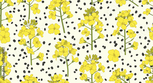 Artistic seamless pattern featuring bright yellow canola or rapeseed flowers with black polka dots on a creamy off-white background.