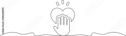 A minimalist line drawing of a hand cradling a heart with rays emanating from it on a simple wavy background

