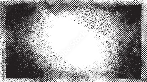 Abstract frame with a distressed halftone dot pattern on a black background, creating a textured border around a central white space