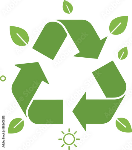 Green recycling symbol with a leaves in surrounding. 