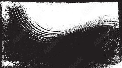Textured black and white abstract background with layered curved lines and a rough, worn border adding a vintage aesthetic