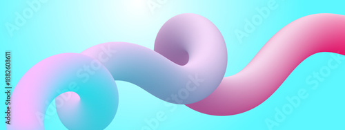 A long three-dimensional winding fluid tube with pink and cyan gradients flowing through a bright turquoise space