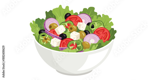 Fresh and delicious Greek salad in a white bowl with lettuce, tomatoes, feta cheese, olives, and onions, isolated on a white background.
