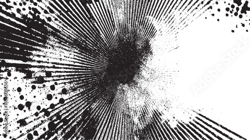 Dynamic abstract explosion of black lines and dots radiating from a central point against a stark white background creating a sense of energy and movement
