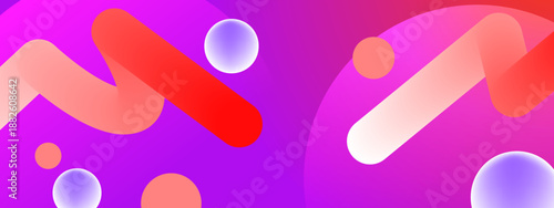High-contrast purple and red background featuring diagonal 3D rounded bars and translucent white floating bubbles